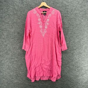 Patio Dress Women L Large Pink Floral Embroidered Shift Short V-Neck Cotton